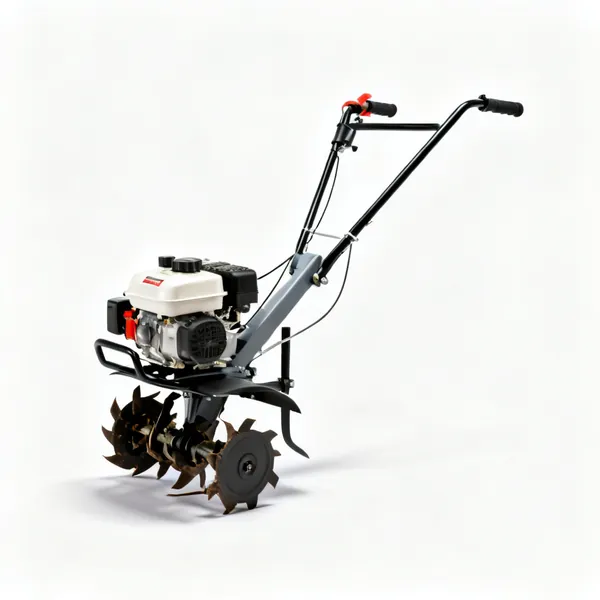 A petrol garden rotavator tiller