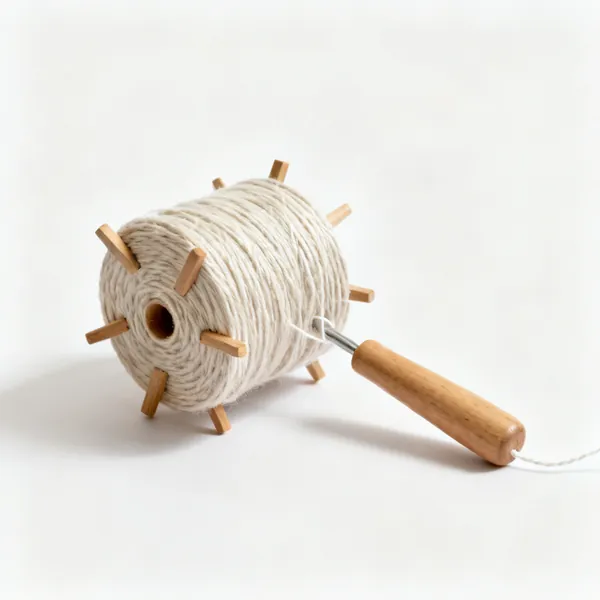 String lines & pegs: A string line reel with wooden pegs