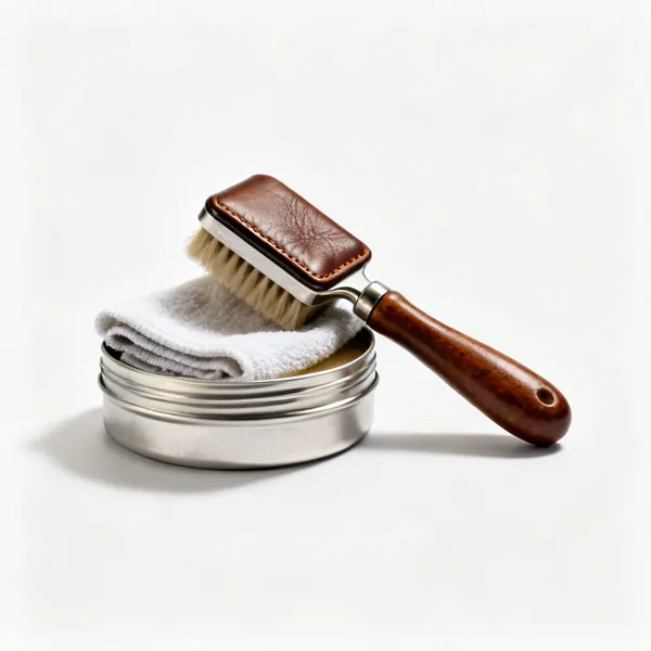 A tin of leather conditioner with a cloth