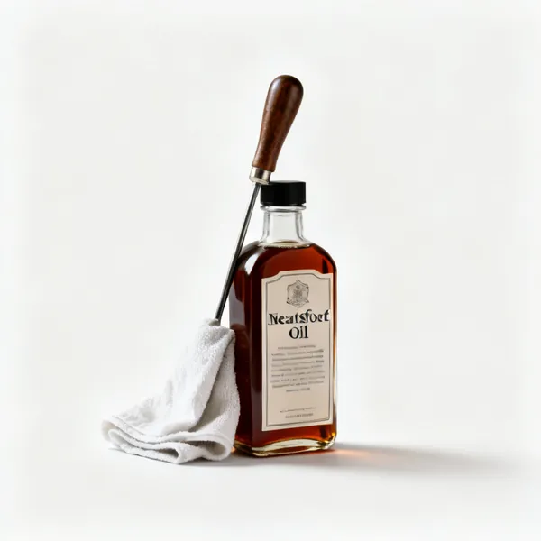 A bottle of neatsfoot oil with a cloth