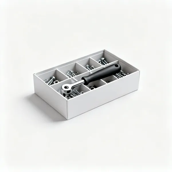 A compartment parts organiser box with hardware