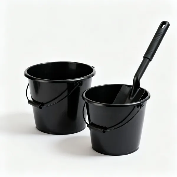 Two black builder's buckets