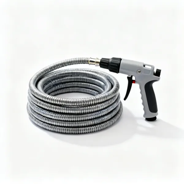 Water supply: A coiled hose with a spray nozzle