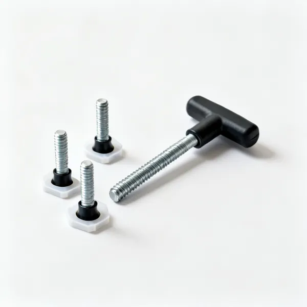 Adjustable feet: Several threaded adjustable furniture levelling feet with plastic bases