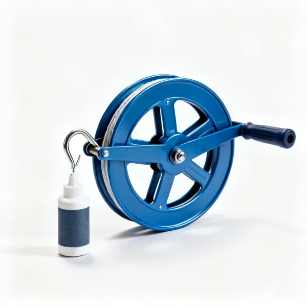 A blue metal chalk line reel with a hook and a chalk refill bottle