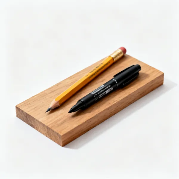 Marker and pencil: A carpenter's pencil and a black permanent marker on a wooden surface