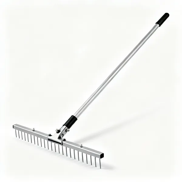 A floor levelling gauge rake with an adjustable pin bar and a long handle