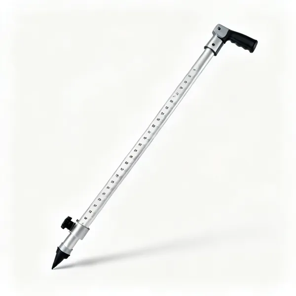 A telescopic aluminium levelling staff with graduated markings, partly extended