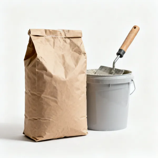 Self levelling compound: A paper bag of self levelling floor compound powder beside a mixing bucket