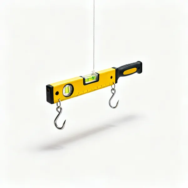 A small yellow line level with a single vial and two hooks, hanging on a string