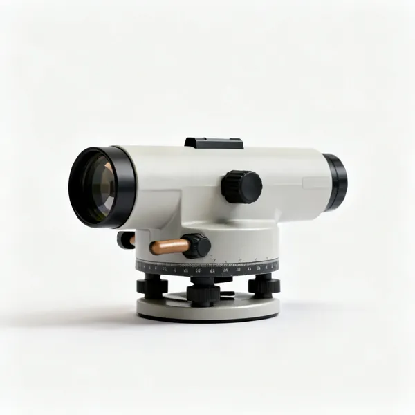 Optical level: An optical builder's level telescope instrument with its levelling base, shown alone with clear space at every edge