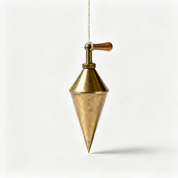 A brass plumb bob with a pointed tip hanging from a string
