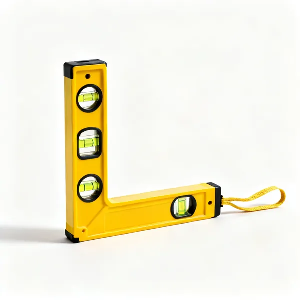 A yellow plastic post level with an L shape, three vials and an elastic strap