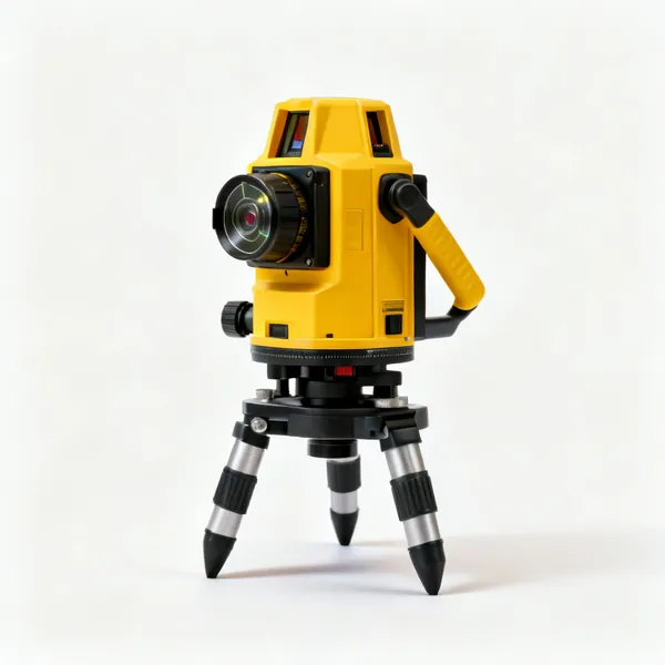 A yellow rotary laser level on a tripod with a spinning head