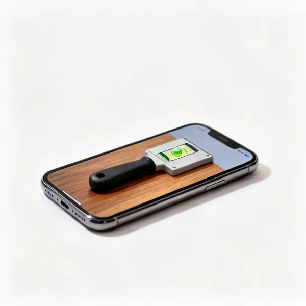 Level app: A smartphone lying flat on a wooden surface, screen showing a simple bubble level graphic