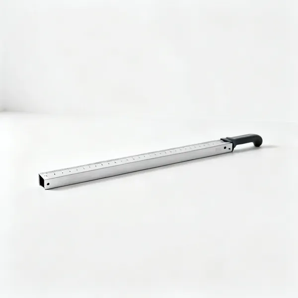 Alloy straightedge: A long aluminium box section straightedge rule lying on a floor