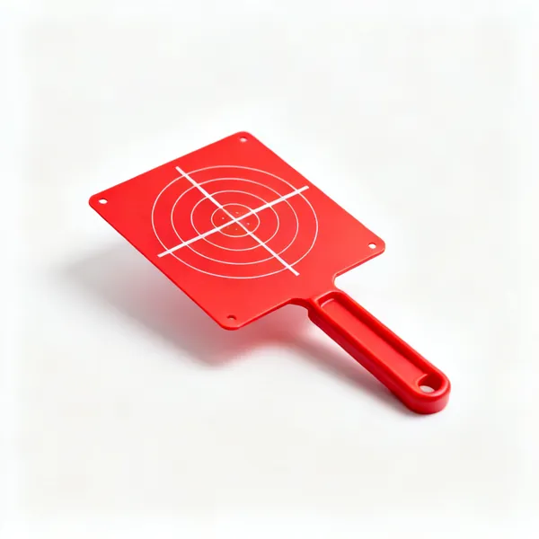 A red plastic laser target plate card with printed crosshairs