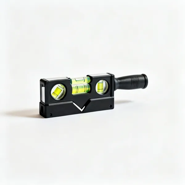 Torpedo level: A small magnetic torpedo spirit level with three vials and a V groove base