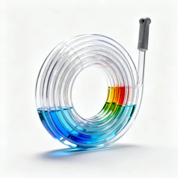 A coil of clear plastic water level tubing partly filled with coloured water