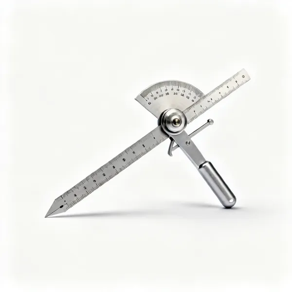 A steel vernier bevel protractor with a rotating blade and an engraved scale