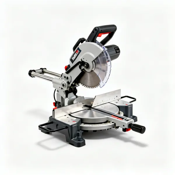 A compound mitre saw with a rotating table, a tilting head and a blade guard
