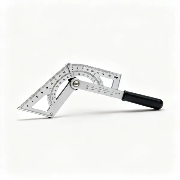 A small roof pitch gauge with a pivoting arm and dual degree and ratio scales