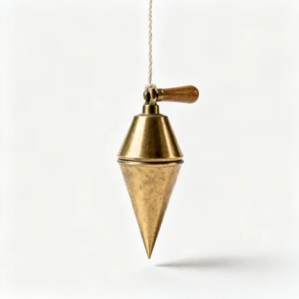A brass plumb bob with a pointed tip hanging from a string