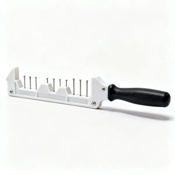 Profile gauge: A plastic profile contour gauge with sliding pins showing a stepped shape