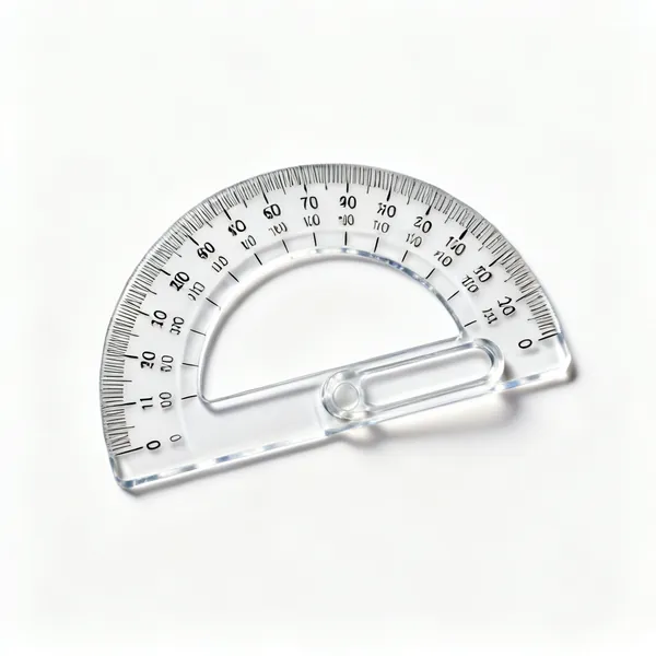 A clear plastic semicircular protractor with printed degree markings