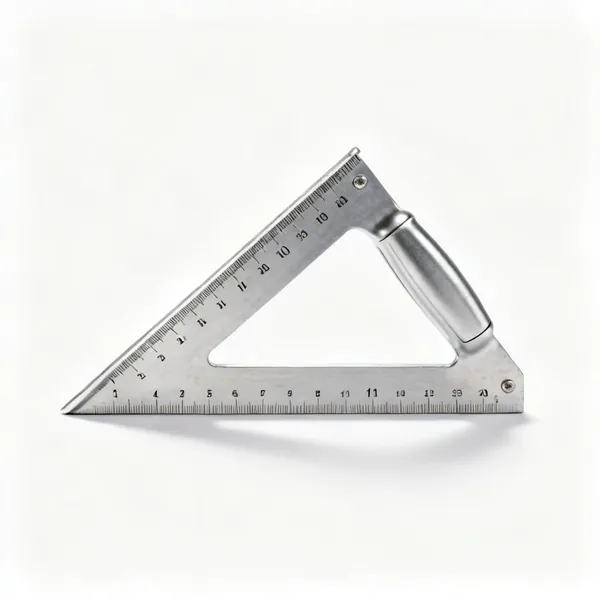 An aluminium triangular speed square with a lipped fence and degree markings