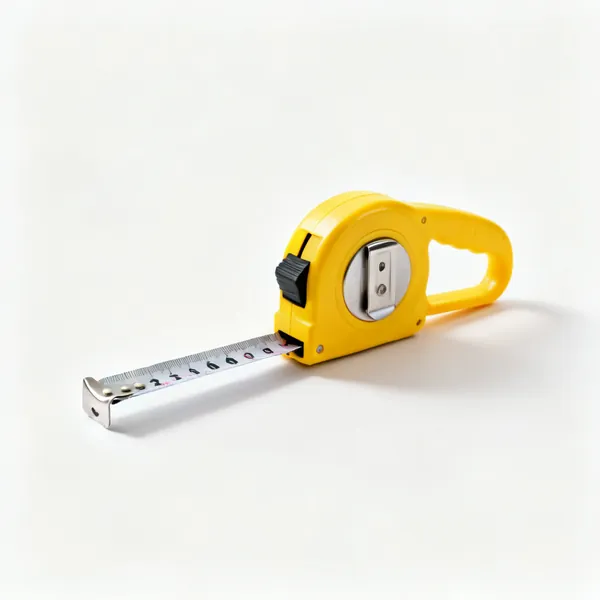 A retractable steel tape measure with a yellow case, blade partly extended