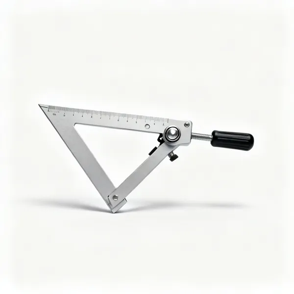 Adjustable square: An adjustable triangular square with a pivoting arm and a locking knob