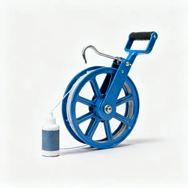 A blue metal chalk line reel with a hook and a chalk refill bottle
