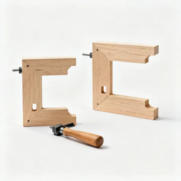 Two L shaped plywood clamping squares with cut out corners