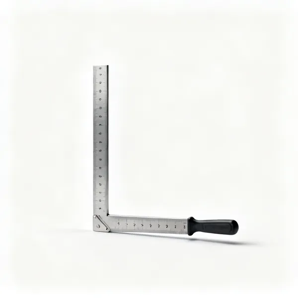 A large flat steel framing square in an L shape with printed scales