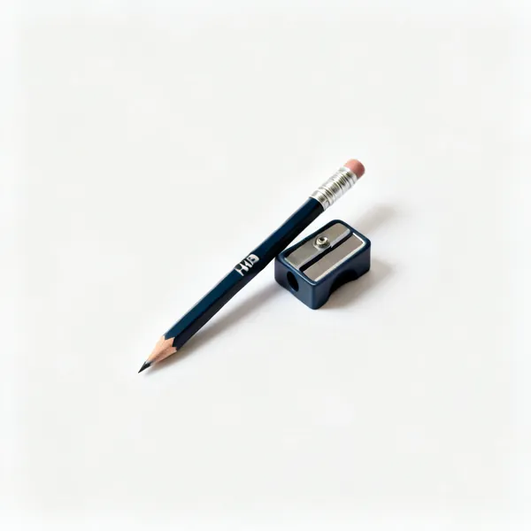 Fine pencil: A sharpened HB pencil laid diagonally beside a small pencil sharpener