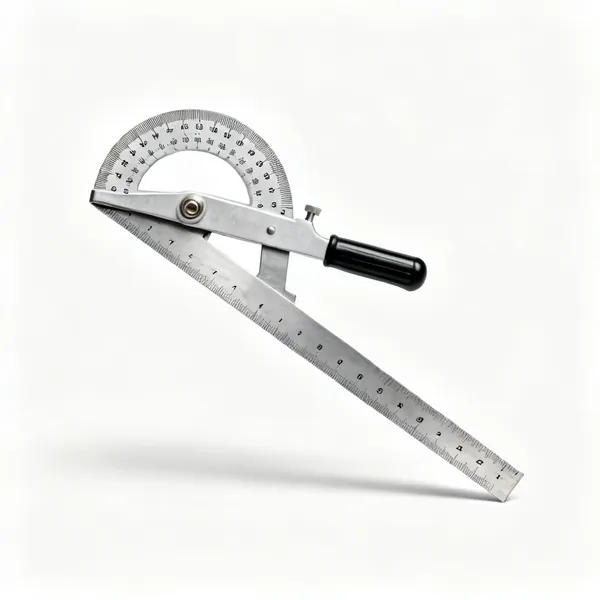 A combination square protractor head with a degree scale and a steel rule