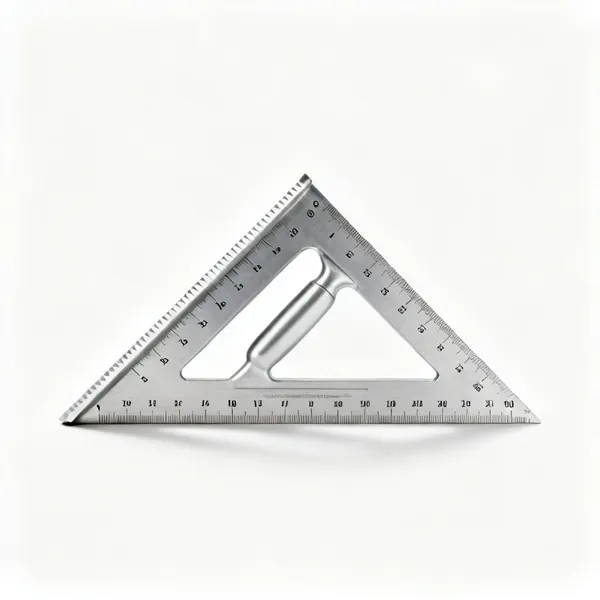 An aluminium triangular speed square with a lipped fence and degree markings