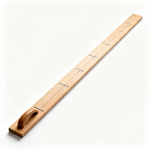 A long wooden batten story stick with several pencil marks along it