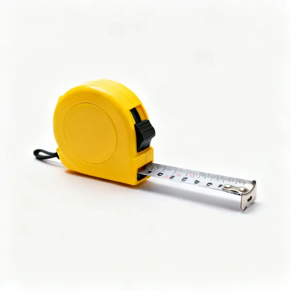 A retractable steel tape measure with a yellow case, blade partly extended