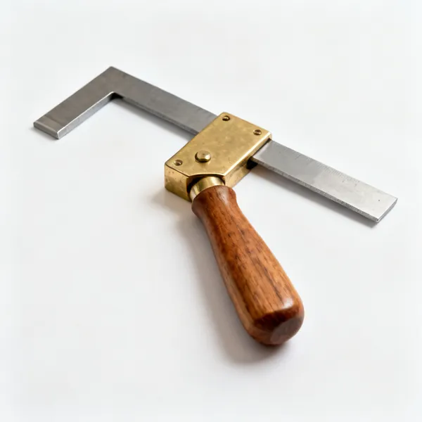 A wooden handled try square with a brass faced stock and a fixed steel blade