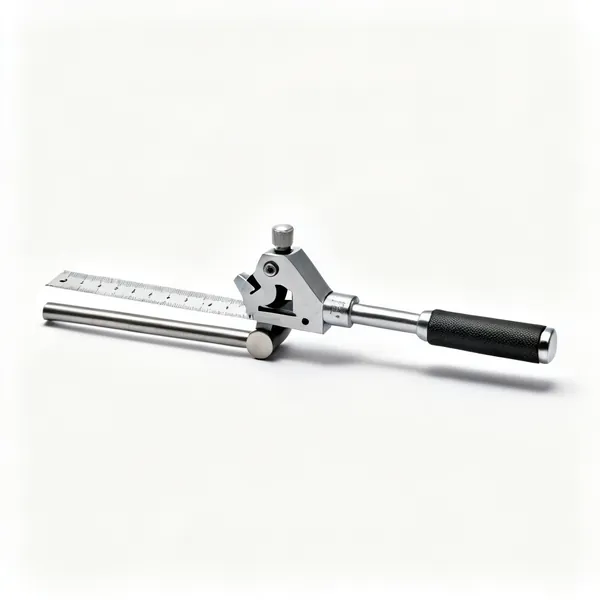 A centre finder head on a steel rule against a round bar
