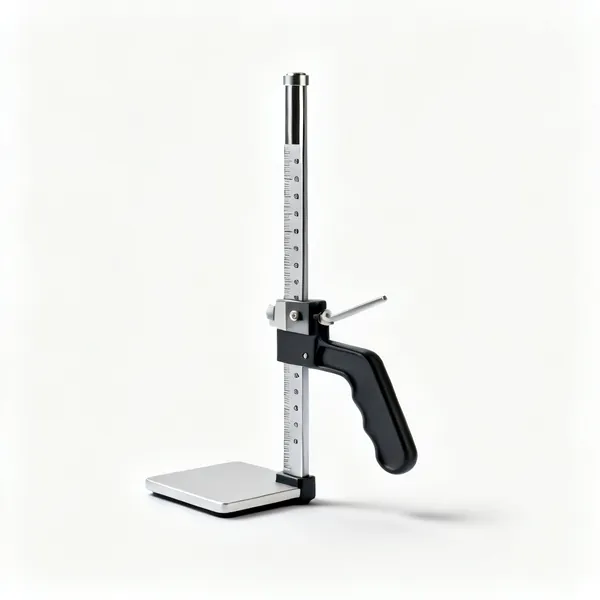 A depth gauge with a graduated rod and flat base