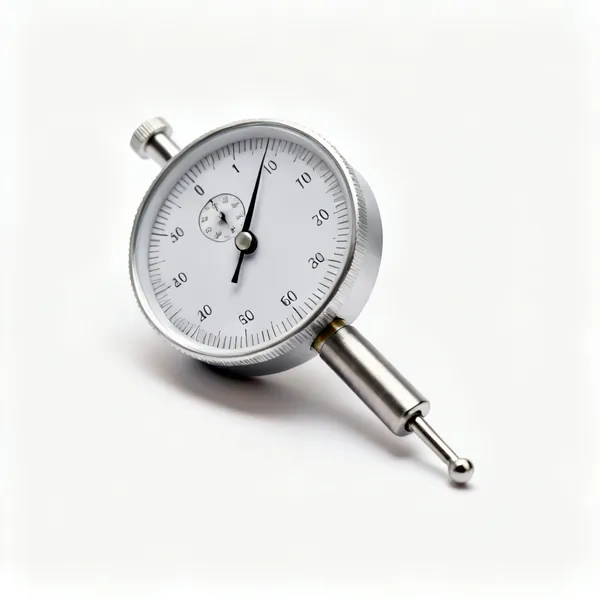 A dial indicator gauge with a round dial and plunger