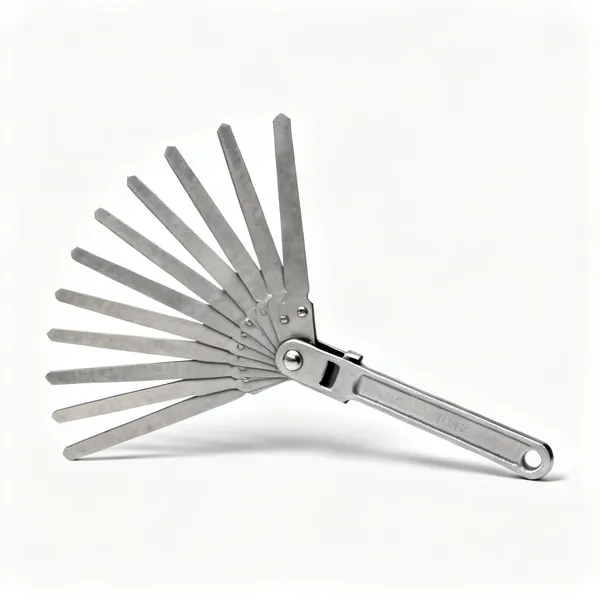 Feeler gauges: A fan of steel feeler gauge blades spread open