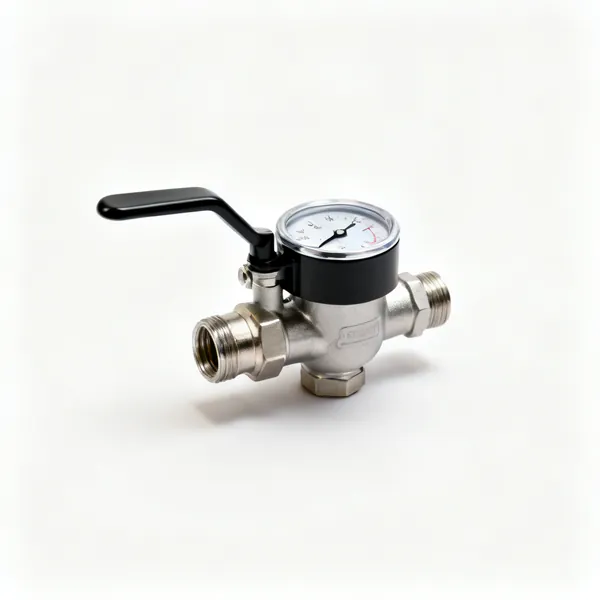 An inline water flow meter with a dial and pipe fittings