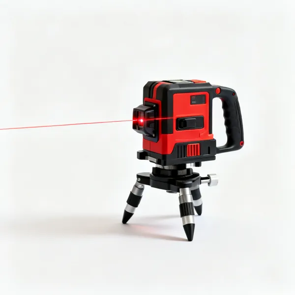 A cross-line laser level on a small tripod projecting a line