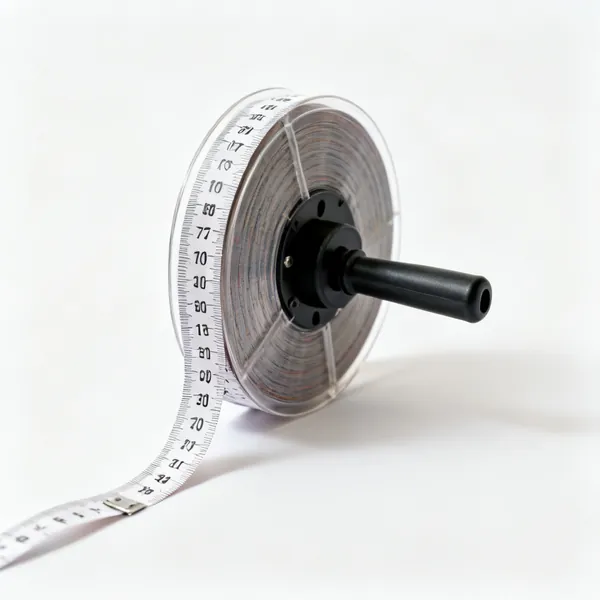 An open reel long tape measure with a crank handle