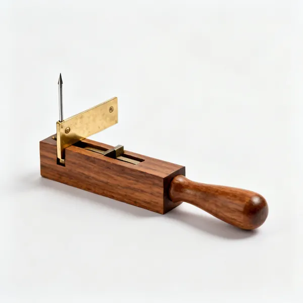 A wooden marking gauge with a brass-faced fence and a scribing pin
