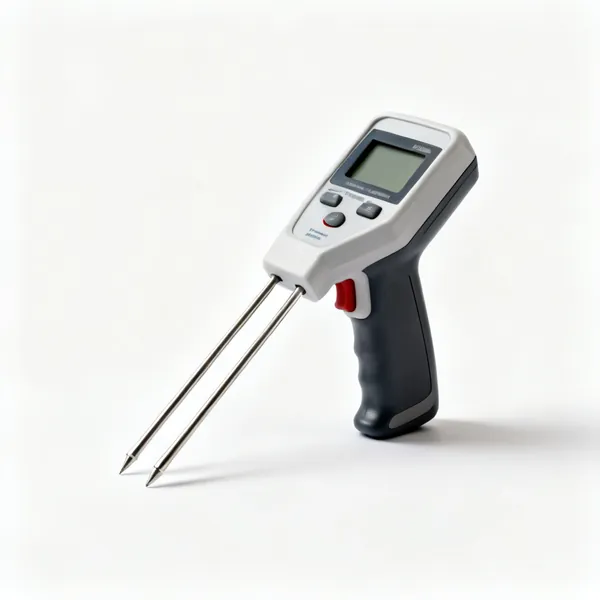 A handheld moisture meter with two probe pins and a display
